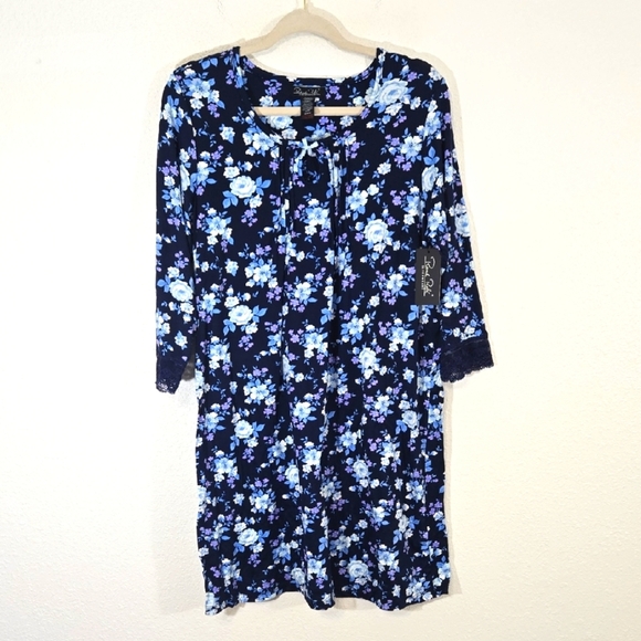 *NWT* Rene Rofe Navy Blue Floral Lace 3/4 Sleeve Nightgown Super Soft Cozy, M - Picture 1 of 6